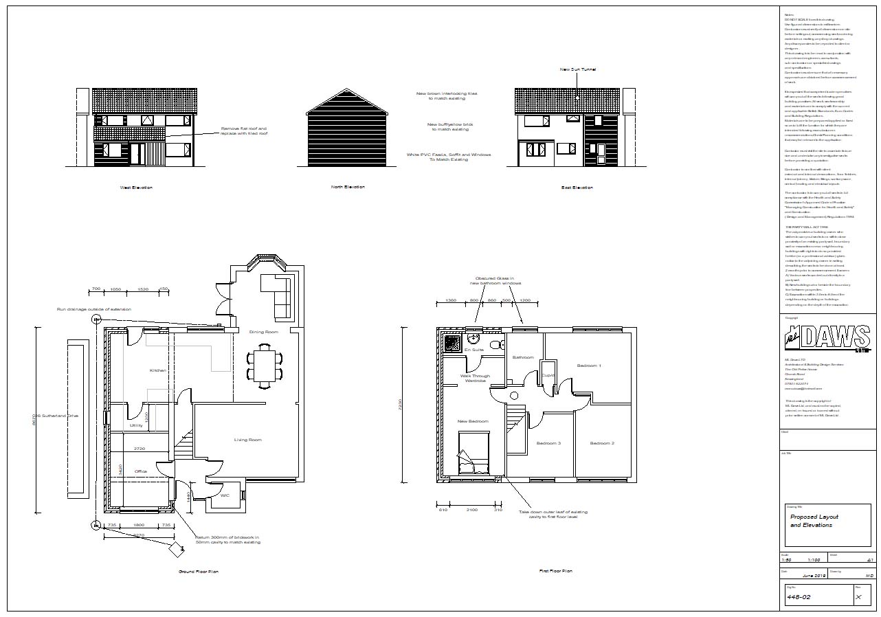 Architect drawings showing a diagram of a house with informative text surrounding the design